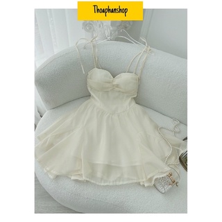 Đầm nude hai dây nhíu ngực xoè nhẹ
