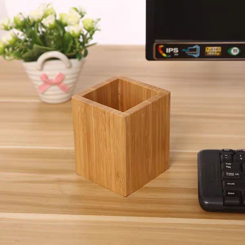 RAN Bamboo Pen Pencil Holder Makeup Brush Storage Office Desktop Stationery Organizer Square Container