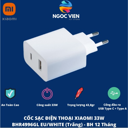 Cốc sạc nhanh Xiaomi 33W (Type-A+Type-C) EU/WHITE (Trắng) | BHR4996GL | Ngocvi