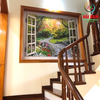 Tranh dán tường 3D cửa sổ - vải lụa phủ kim sa