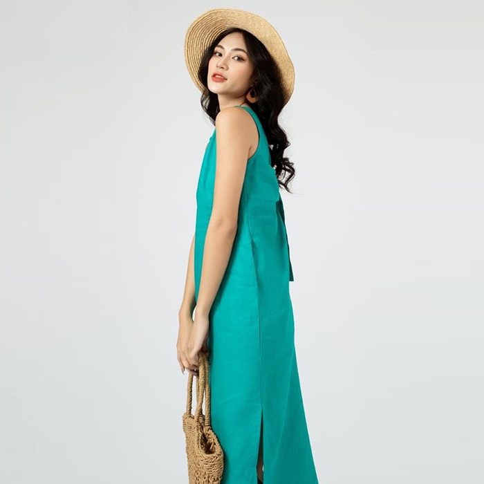 Đầm suông linen dáng yếm nơ lưng vạt tròn trẻ trung, thời trang phong cách Hàn