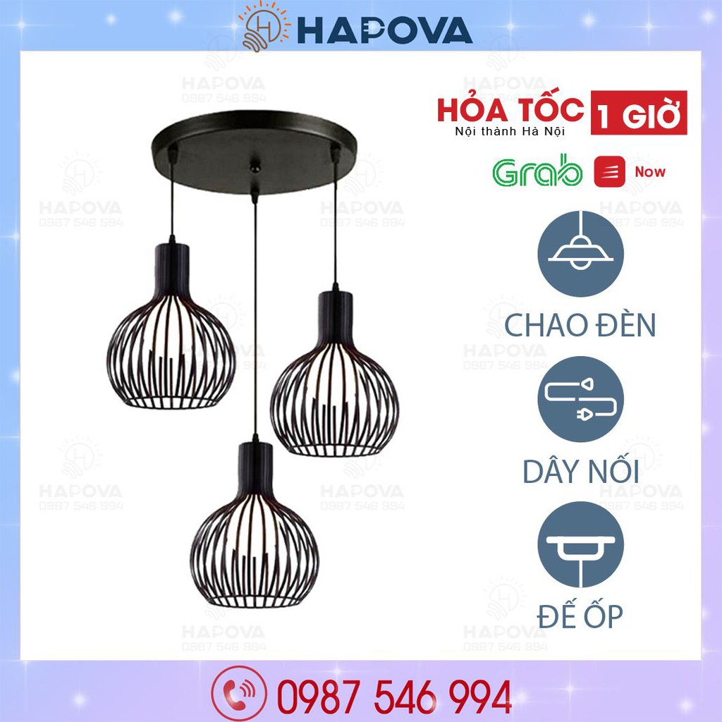 Bộ 3 Đèn thả lồng Chim HAPOVA JOYCE 6870/3 màu Đen cỡ 230mm + Tặng kèm bóng led AS Vàng