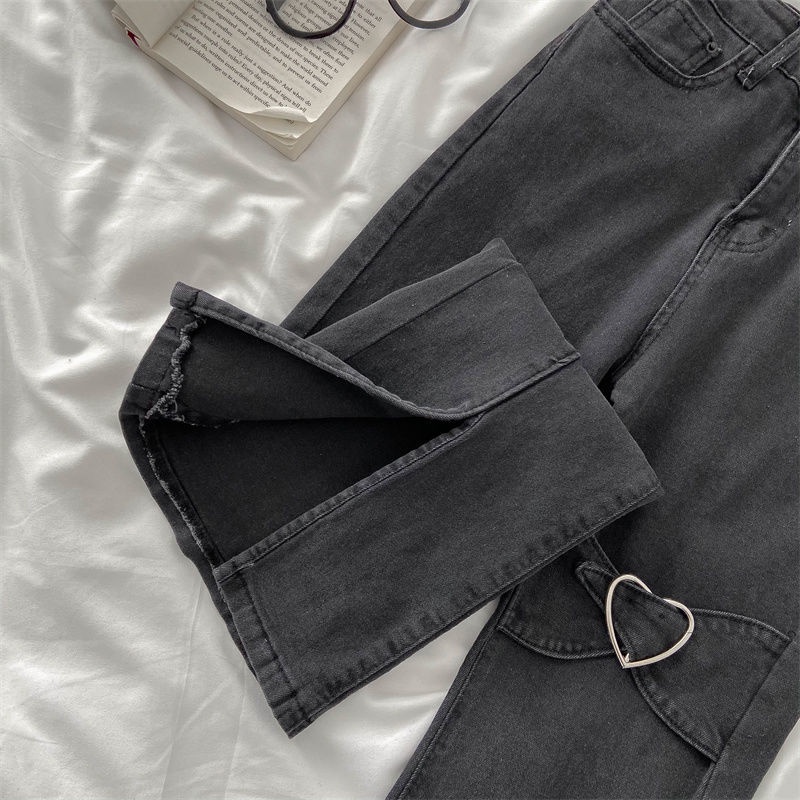 Jiashucheng Quần Jean Lưng Cao Ống Loe Xẻ Tà Thời Trang Đường Phố Cho Nữ