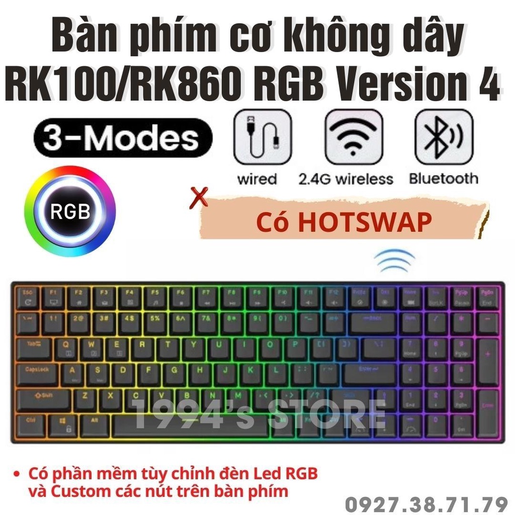 RK100 Version 4 HOTSWAP - Bàn phím cơ không dây RK100 RK860 RGB Bluetooth 5.1 + Wireless 2.4G + Type C + Phần mềm Custom