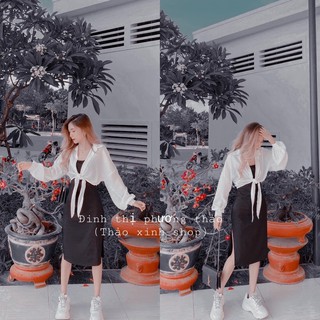 SET ĐẦM BODY THUN ĐEN KÈM ÁO SƠMI (KÈM HÌNH THẬT)