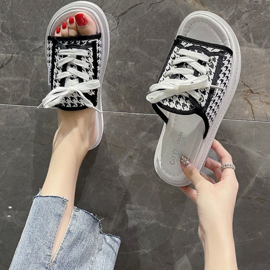 Dép quai ngang nữ buộc dây mùa hè nhiều họa tiết đế bánh mì cao 3cm mẫu mới năm nay