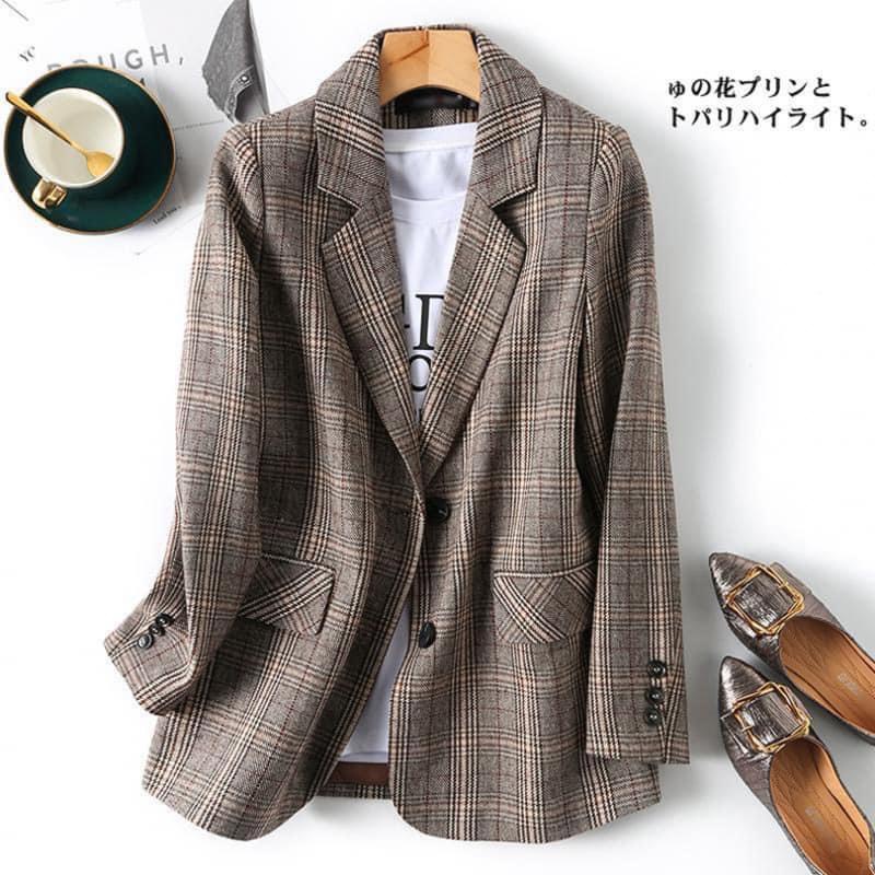 LN002_Áo dạ kẻ caro nâu_Áo khoác blazer nữ_Áo khoác ngoài kẻ | BigBuy360 - bigbuy360.vn