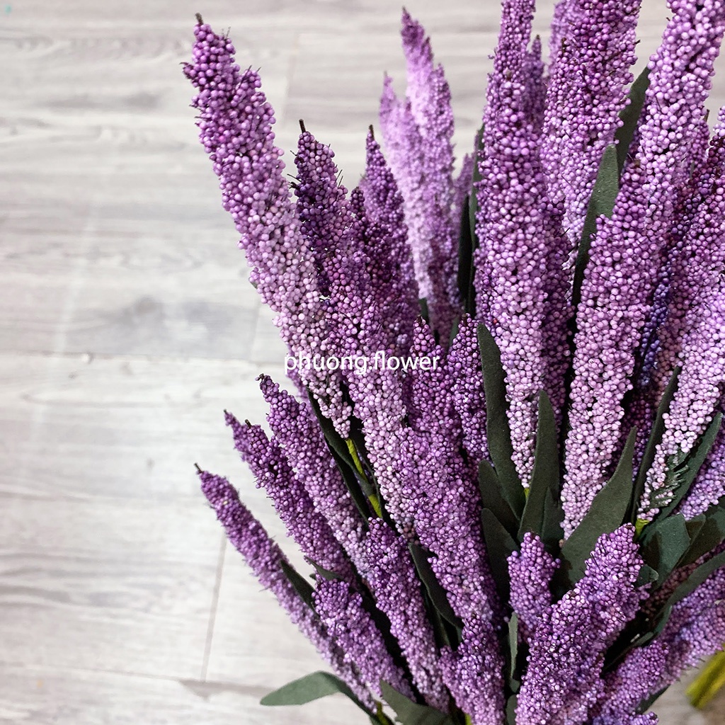 Cành hoa oải hương lavender giả nhân tạo dài 60cm 12 hoa loại lá nhọn đậm cắm chậu trang trí tuyệt đẹp