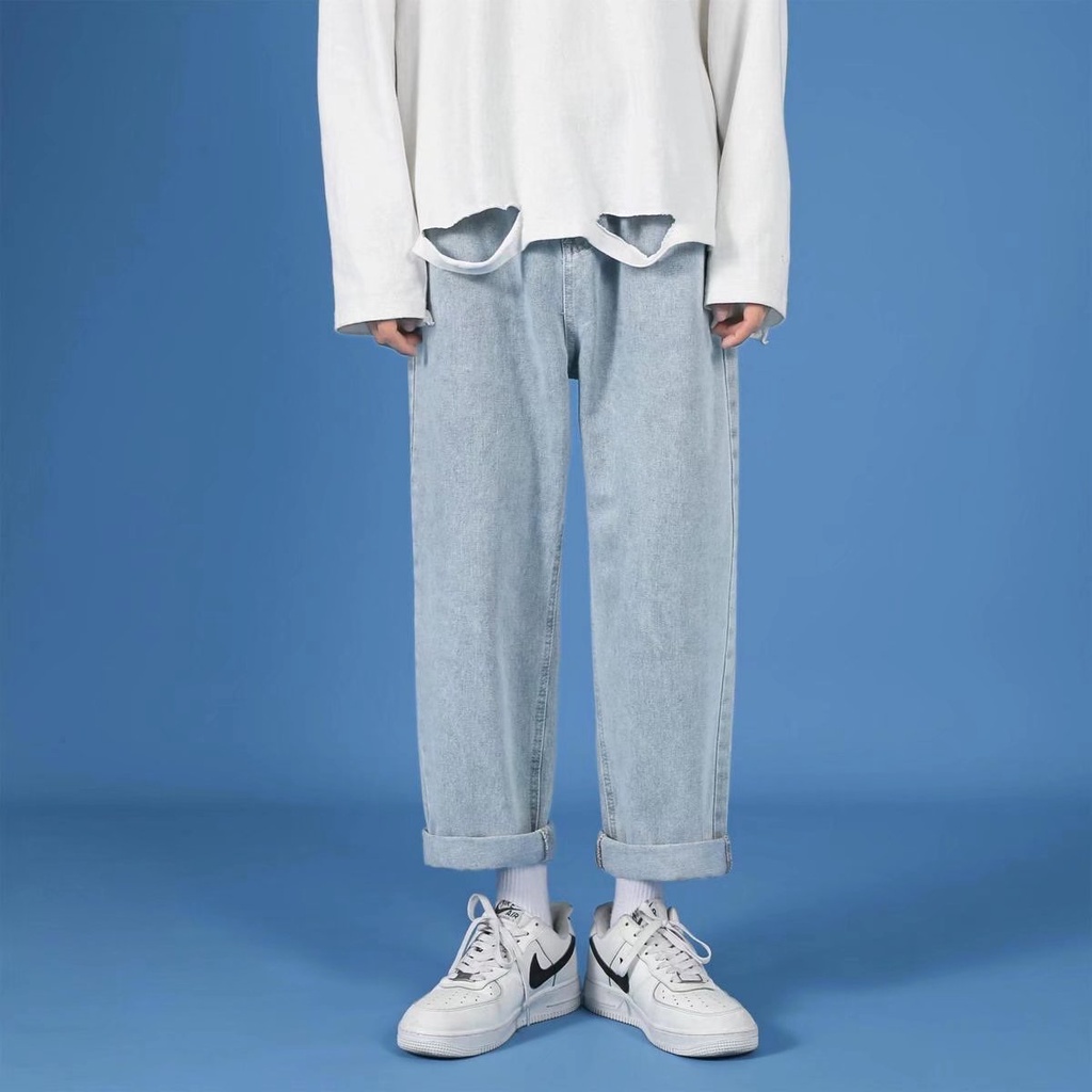 Quần Jeans Trơn Dáng Suông Rộng Thoải Mái Phong Cách Thời Trang Hàn Quốc Cho Nam Giới Có size S-5XL