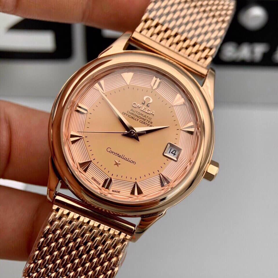 Đồng hồ Nam Omg Constellation bát quái máy nhật Myota vỏ vàng ta mặt trắng dòng cơ Automatic size 38mm-40mm dây kim loại