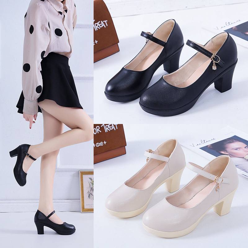 High-heeled shoes work shoes new thick single female fashion buckles round head light mouth shallow mouth for women's shoes