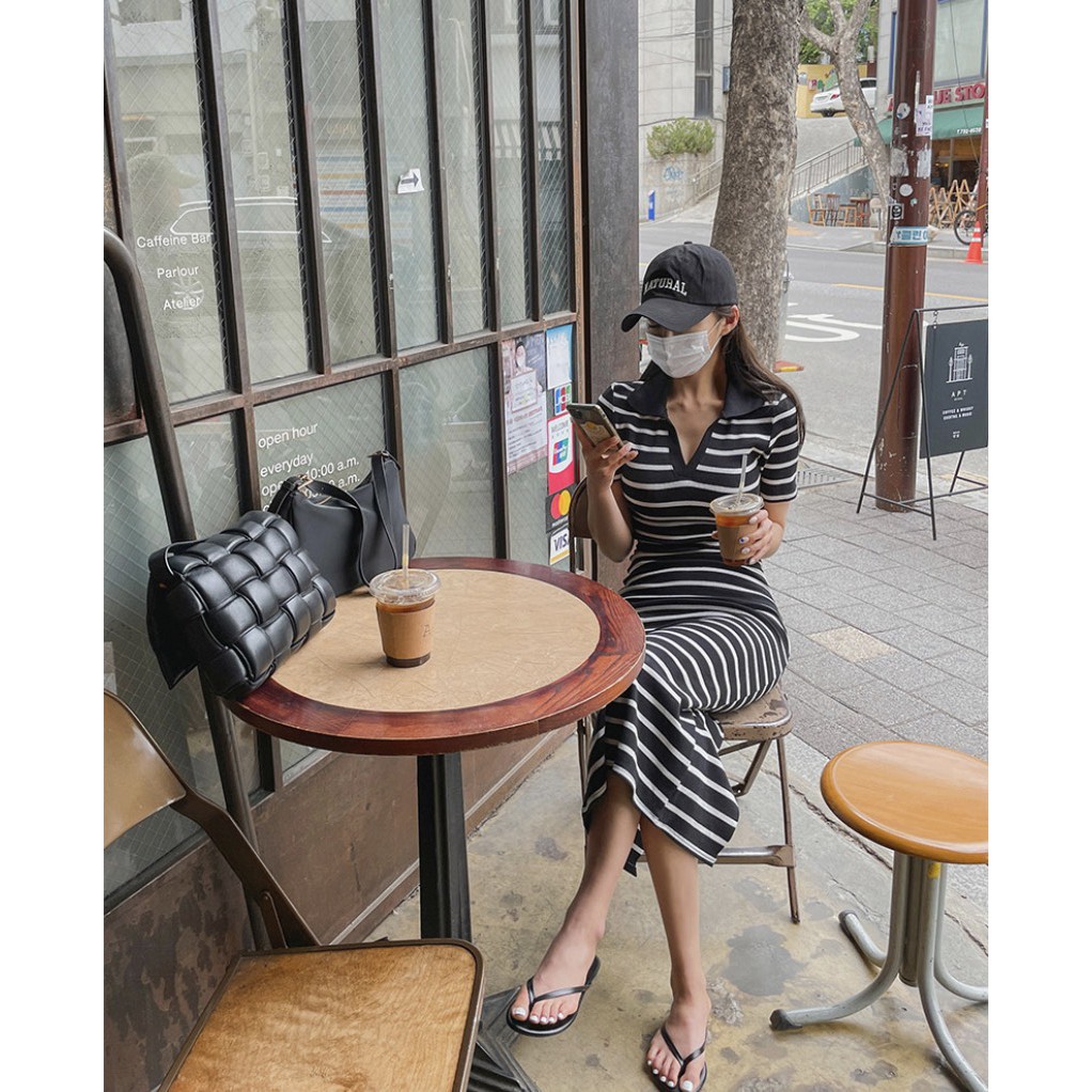 váy body sexy cổ bẻ dài, ngắn kẻ sọc đầm body nữ dễ thương