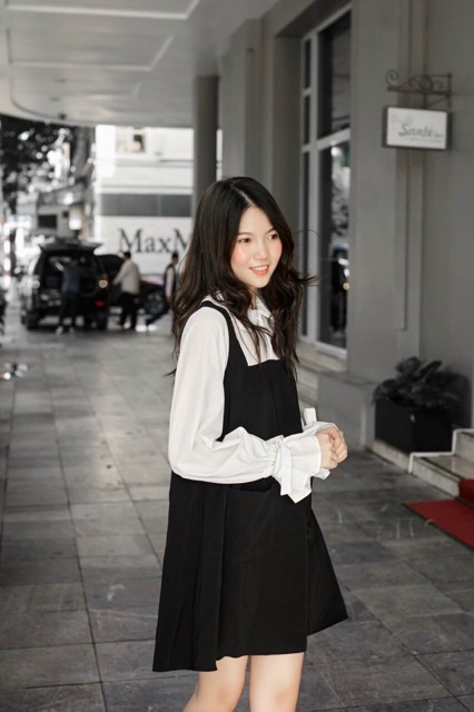 Đầm chữ A tay pha màu trắng - Váy thiết kế thời trang Hàn Quốc (hình thật/video)