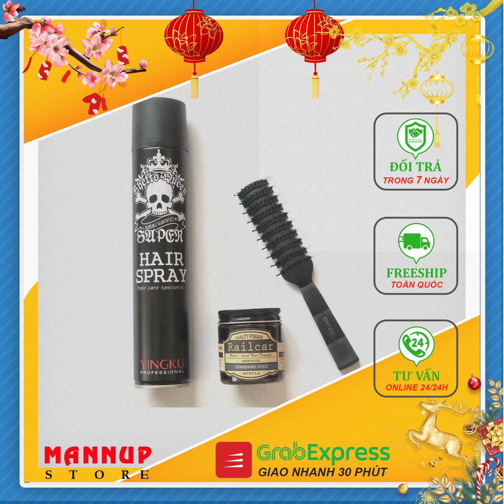 Combo Wax Railcar Pomade + Keo Xịt Tóc Hair Spray + Lược Tạo Kiểu Tóc Chaoba CH1200 - Hàng Chính Hãng