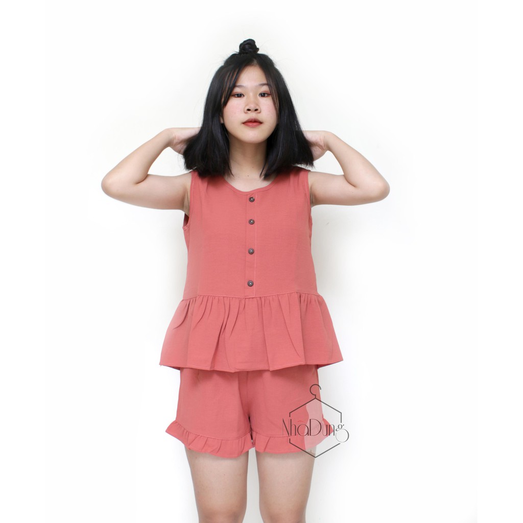 Đồ bộ nữ mặc nhà sát nách vải đũi không nhăn 4 nút Nhã Dung Store dưới 65kg siêu mát mẻ siêu dễ thương