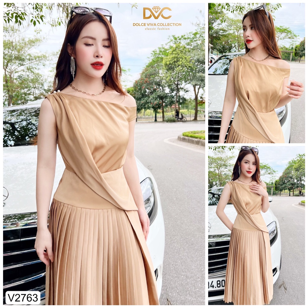 Váy nâu cổ thuyền dập ly V2763 - DOLCE VIVA COLLECTION