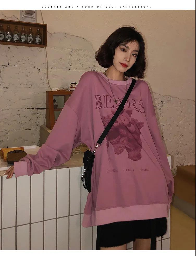 Áo Sweater Dáng Rộng Cổ Tròn In Hình Gấu Kiểu Hàn Quốc Thời Trang Xuân Thu 2021 Cho Nữ