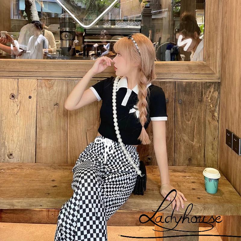 Quần dài lưng thun ống suông họa tiết sọc caro phối dây rút thời trang mùa xuân cho nữ