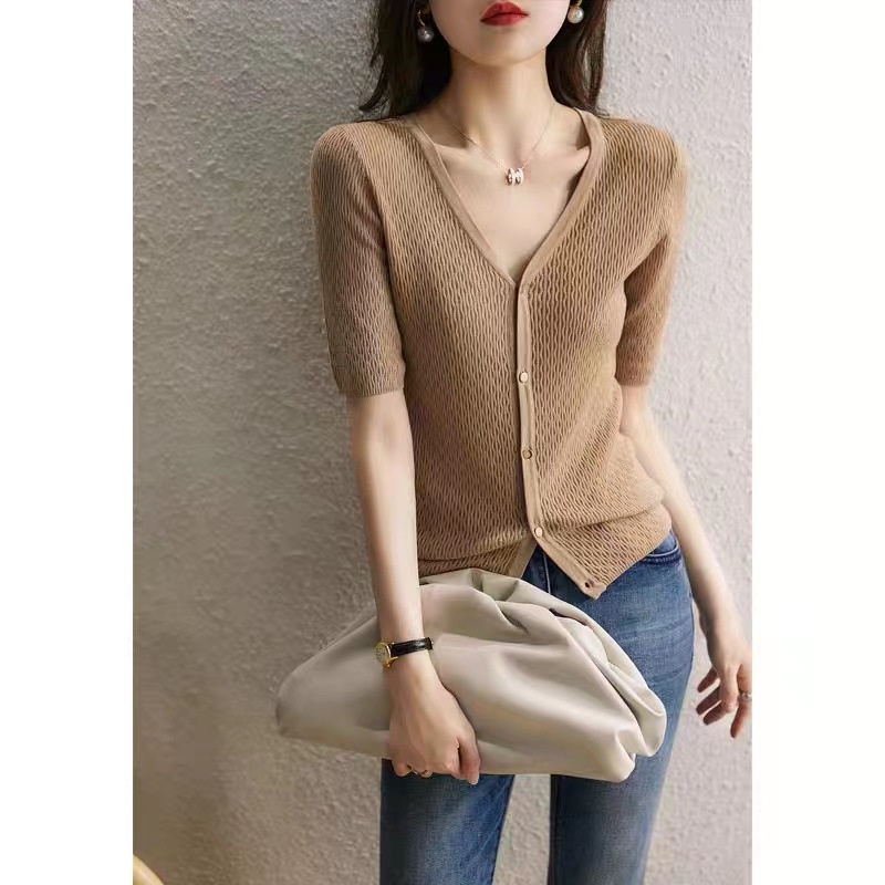 H4477 FF ZWB462272Áo Khoác Cardigan Cổ Chữ V Thoáng Khí 4 Màu 16-Pin Phong Cách Châu Âu Thời Trang Cao Cấp