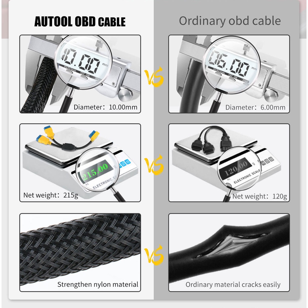 Dây chuyển đổi nối cáp AUTOOL từ 1 lỗ cắm sang 2 đầu cắm OBD2 16 chấu dài 35cm cho xe