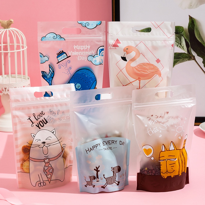 Set 50 Túi Đựng Bánh Kẹo Bằng Nhựa Có Khóa Kéo In Hình Chim Hồng Hạc/ Mèo/ Ngựa Một Sừng Dễ Thương