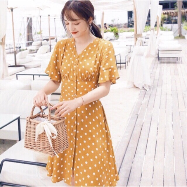 Đầm váy bi cam thun eo (kèm hình thật)