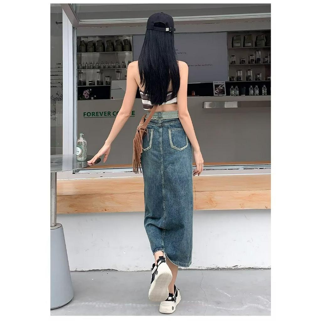 QADCOL Chân váy jean Dài Dáng Chữ A Lưng Cao Xẻ Tà Thời Trang Mùa Hè Kiểu Mới Cho Nữ