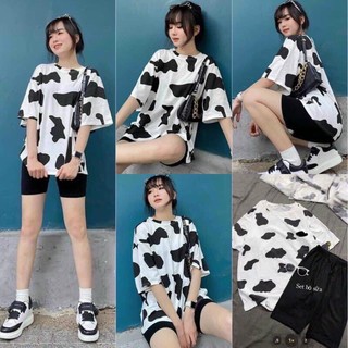 Set áo thun bò sữa kèm quần lửng legging happyfun
