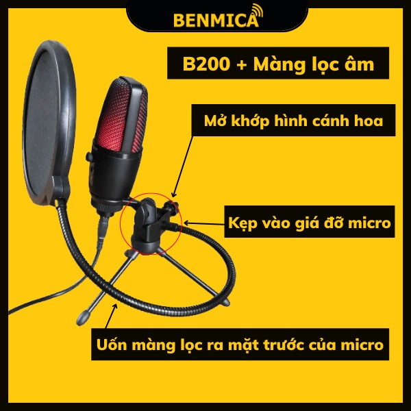 Micro thu âm Benmica B200 cổng USB dùng cho máy tính, có cổng cắm tai nghe 3.5mm kiểm âm - Hàng chính hãng