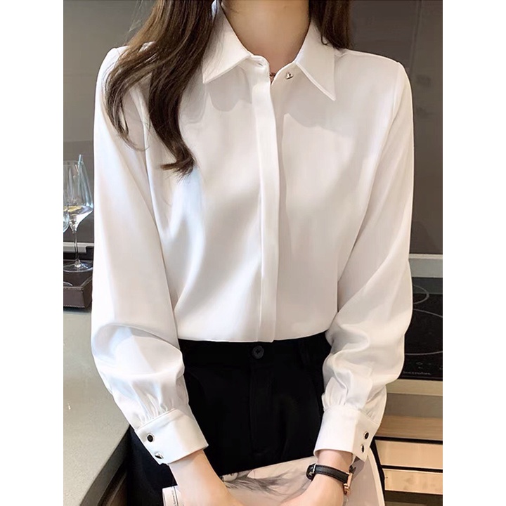 Áo sơ mi công sở nữ dài tay đẹp kiểu hàn quốc ulzzang màu trắng chất lụa cao cấp sang trọng form rộng bigsize mặc đi làm