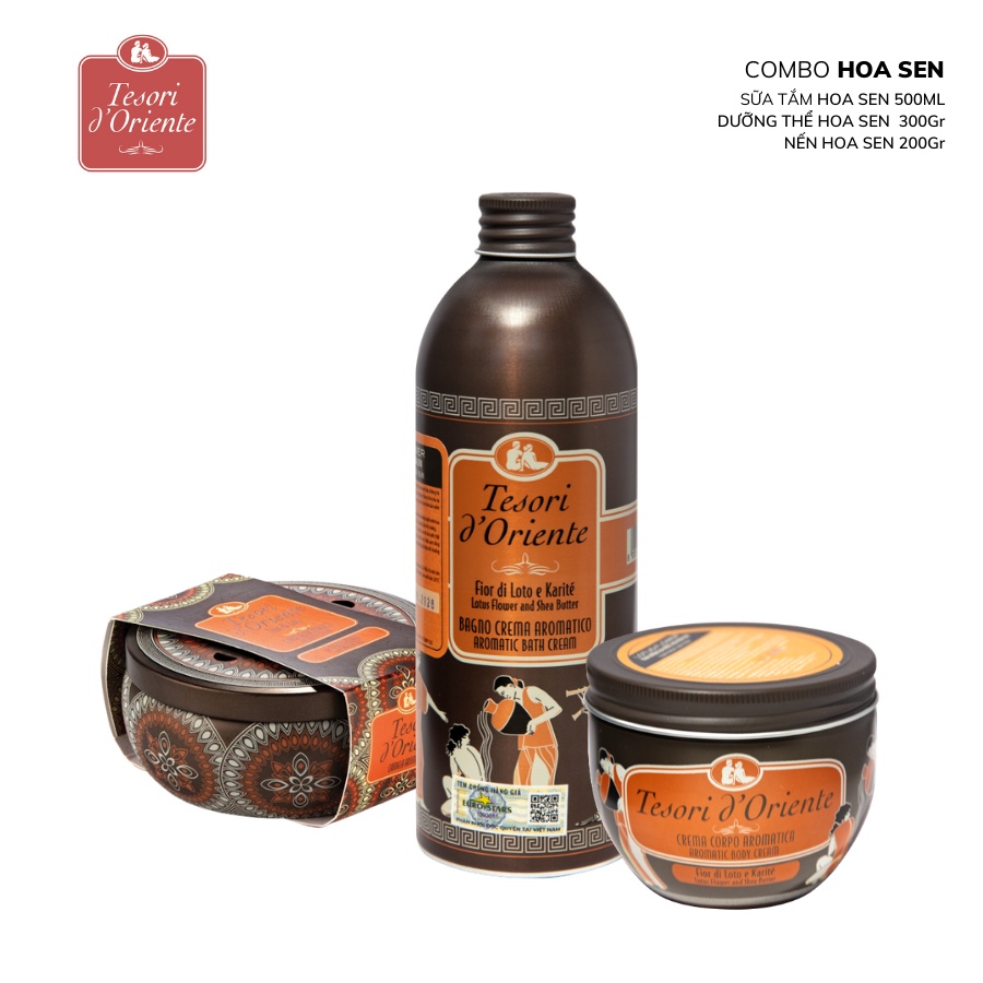 Combo quà tặng Sữa tắm 500ml kèm Dưỡng thể 300gr và Nến thơm 200gr Tesori d' Oriente chính hãng