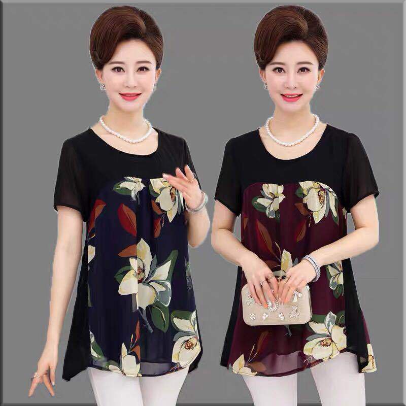 Áo Kiểu chiffon Mỏng Tay Ngắn Dáng Rộng Thời Trang Cho Phụ Nữ Trung Niên 9 Tuổi