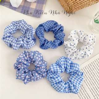 Dây chun buộc tóc cột tóc Scrunchies chấm bi, caro, hoa nhí màu xanh biển, phong cách Vintage Hàn Quốc CT08