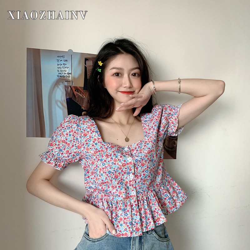 Xiaozhainv Áo nữ tay ngắn in hoa phong cách Hàn Quốc | BigBuy360 - bigbuy360.vn