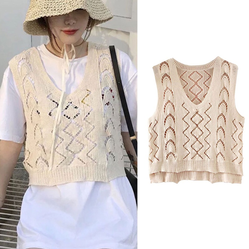 Áo Len Không Tay Cổ Chữ V Họa Tiết Hình Học Thời Trang Nữ