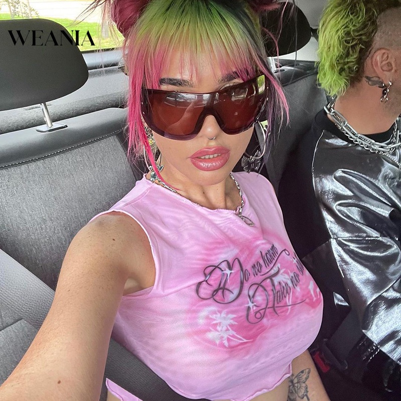 Áo Tank Top Sát Nách Phối Lưới Hoạ Tiết Chữ Thiết Kế Thanh Lịch