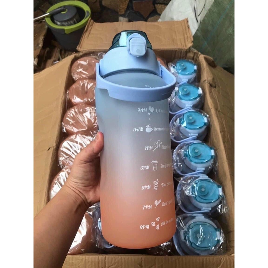 Bình đựng nước 2 lít chia vạch dành cho người tập gym, người lười uống nước tiện dụng