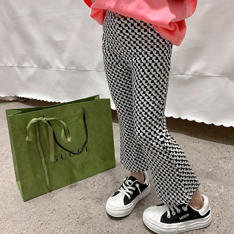 Quần Dài Ống Loe Họa Tiết Houndstooth Phong Cách Phương Tây Thời Trang Mùa Hè Cho Bé Gái