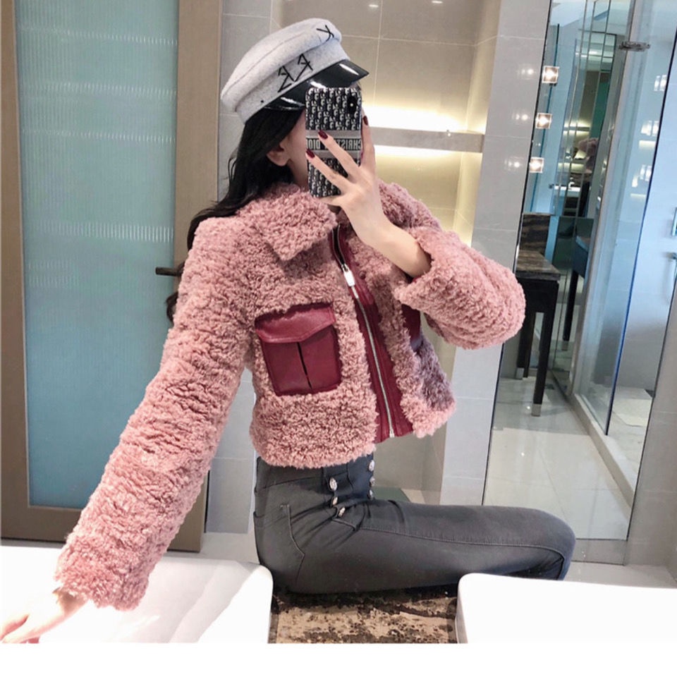 Lamb wool coat female autumn winter 2021 new style fur all-in-one short-style furry blouse is plush and thickened