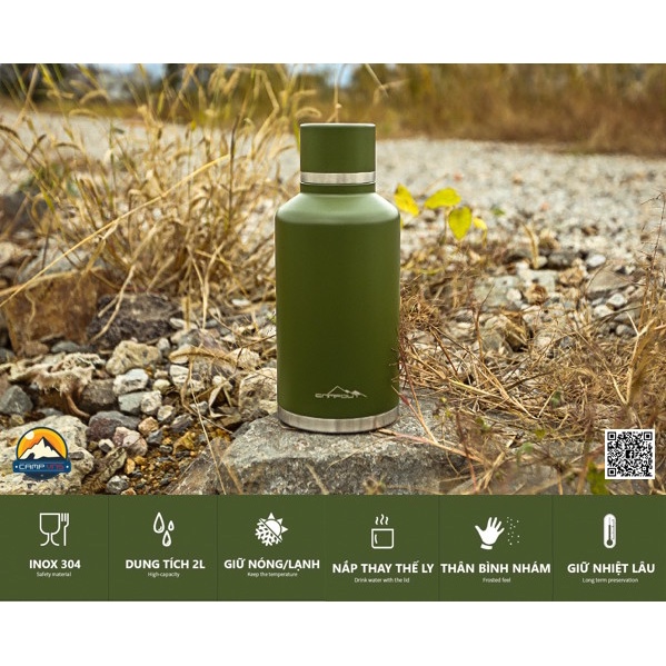 Bình giữ nhiệt nóng lạnh 48h inox 2 lớp 68oz 2000ml NURGAZ CAMPOUT  du lịch cắm trại dã ngoại