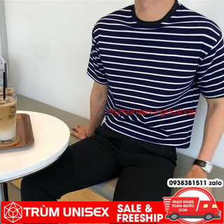 Áo phông nam áo thun form rộng unisex sọc ngang đen xanh hình thật có video vải cotton Trùm Unisex