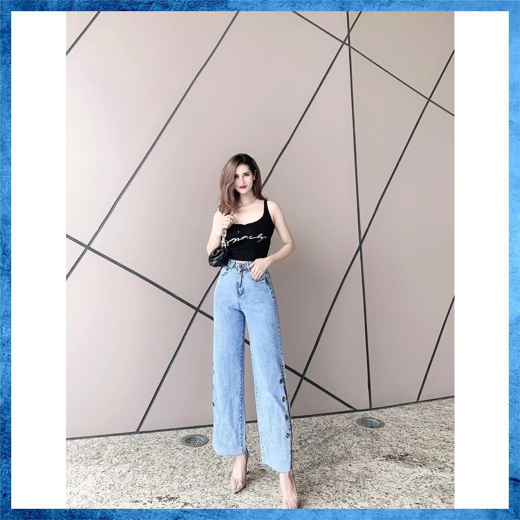 [Jeans nữ thiết kế] Quần jeans dài dáng suông, quần bò nữ lưng cao túi chéo ống xẻ phối xích 2 bên. Mã D0170