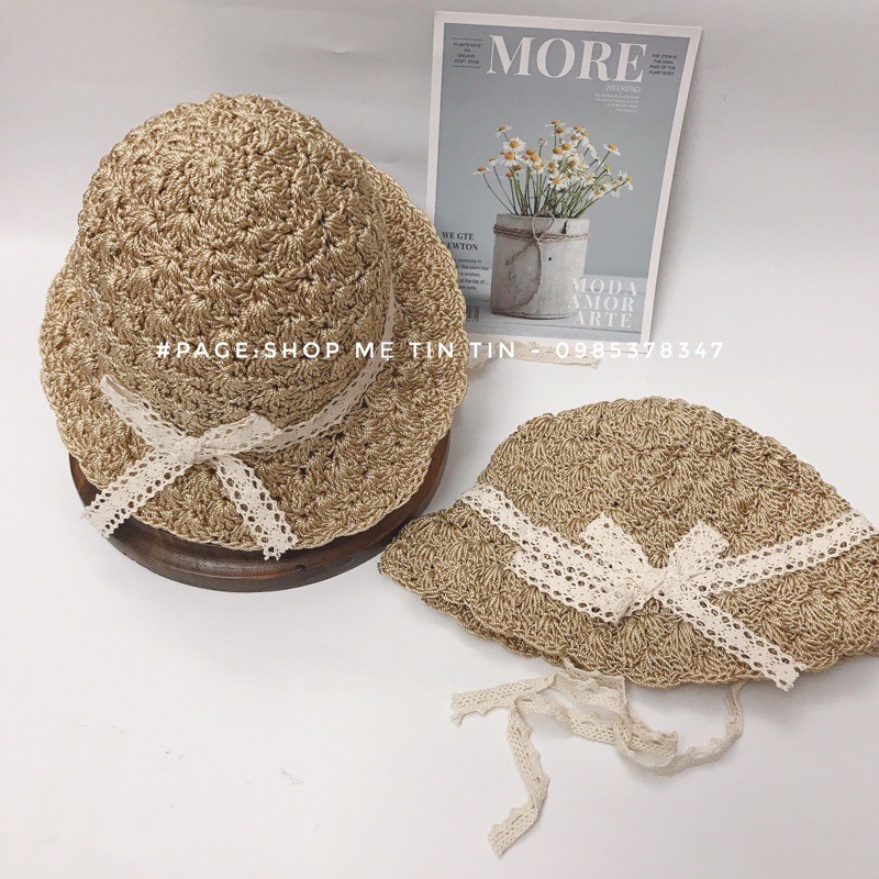 Mũ sợi hanmade -nơ màu be ziczac size:0-2y,2-5y