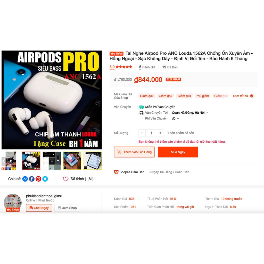 Tai Nghe Airpod Pro ANC Louda 1562A Chống Ồn Xuyên Âm - Hồng Ngoại - Sạc Không Dây - Định Vị Đổi Tên