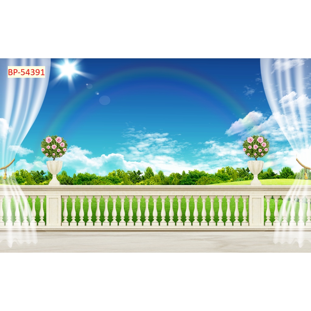 Tranh dán tường 3D khung cửa sổ phong cảnh In Theo Kích Thước Yêu Cầu Có Keo Dán