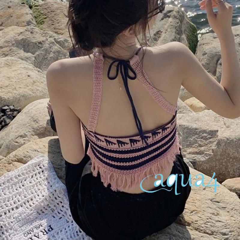 Áo Croptop Sát Nách Hở Lưng Họa Tiết Kẻ Sọc Phối Tua Rua Gợi Cảm Cho Nữ
