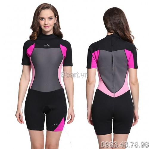 Bộ Bơi Liền Giữ Nhiệt (Wetsuit) Sbart 985 Hồng Đen - Dài Tới Đùi Dày 2mm