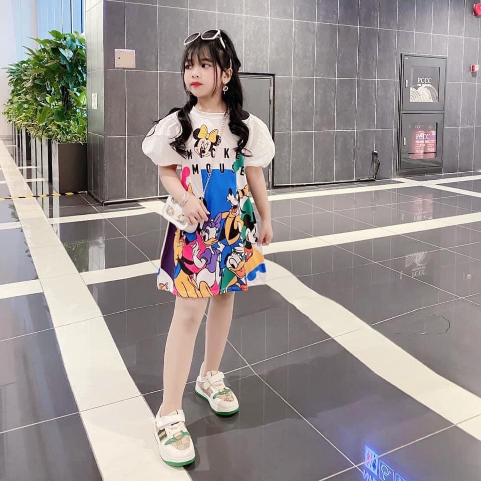Váy bé gái dáng suông hoạt hình Mickey - Đầm babydoll tay bồng chất thun cotton size đại cho bé từ 20 - 35 kg, SUN KID'S
