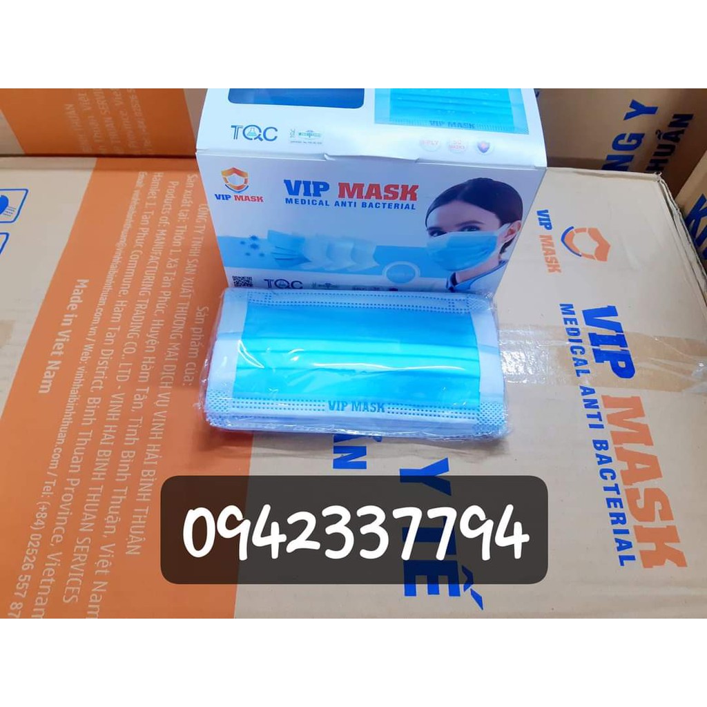 Hộp 50 cái khẩu trang y tế VIP Mask màu xanh quai đeo không đau