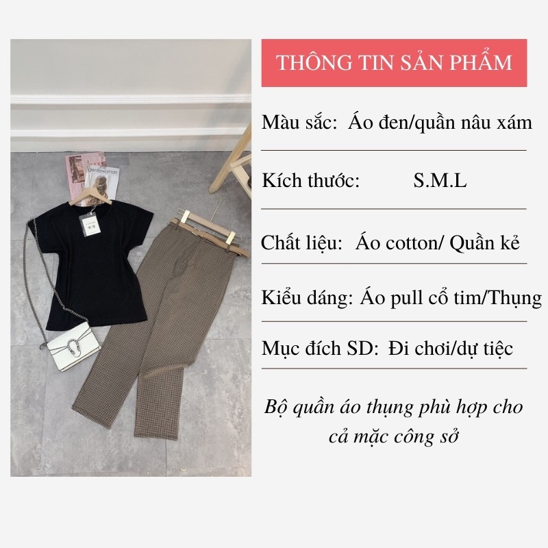 Sét đồ nữ 3 món SDT01 jumpsuit, áo pull cổ tim mix quần dài kẻ kèm đai thời trang trong bộ sưu tập quần áo công sở 2021 | BigBuy360 - bigbuy360.vn